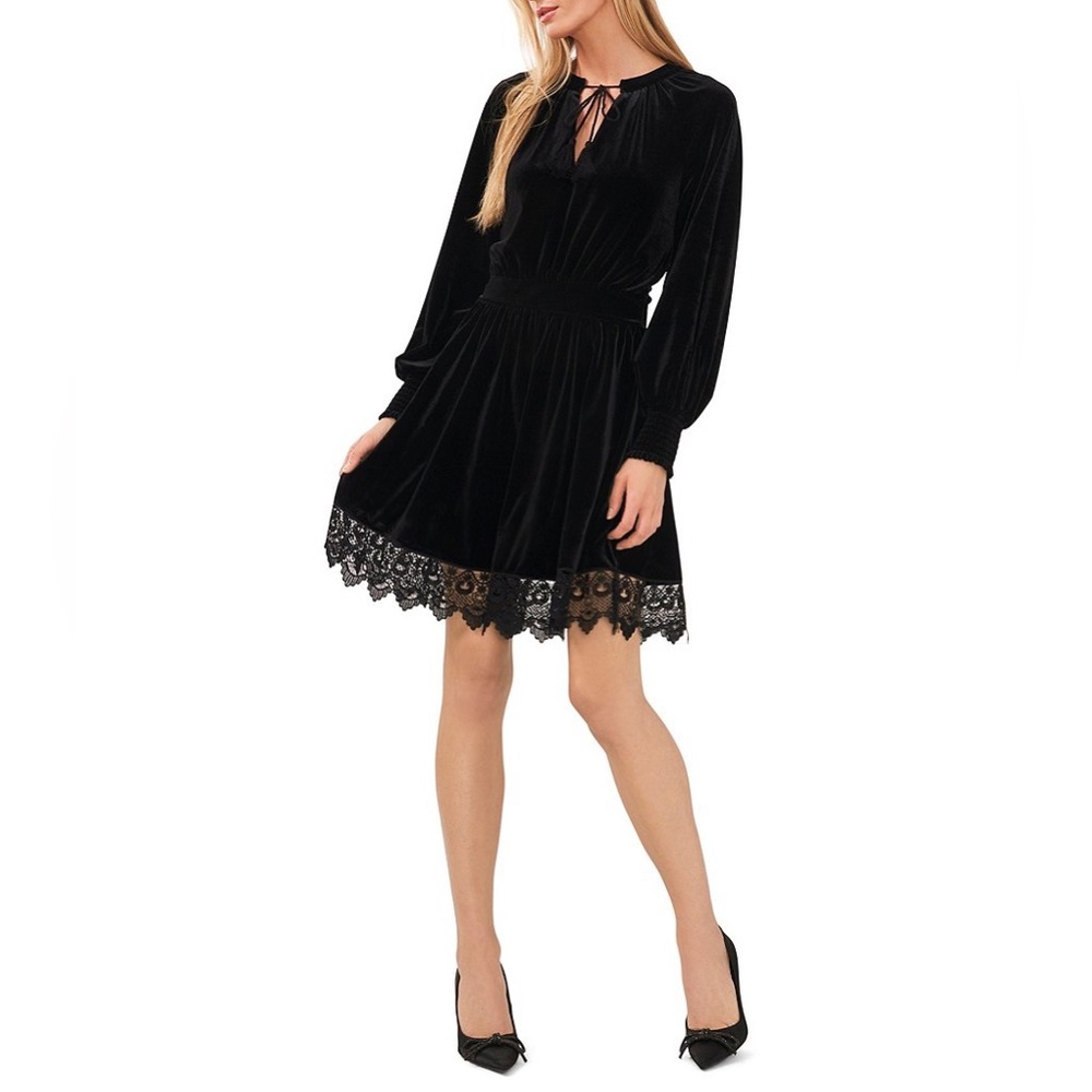 Chelsea and Violet lace trim black velvet dress